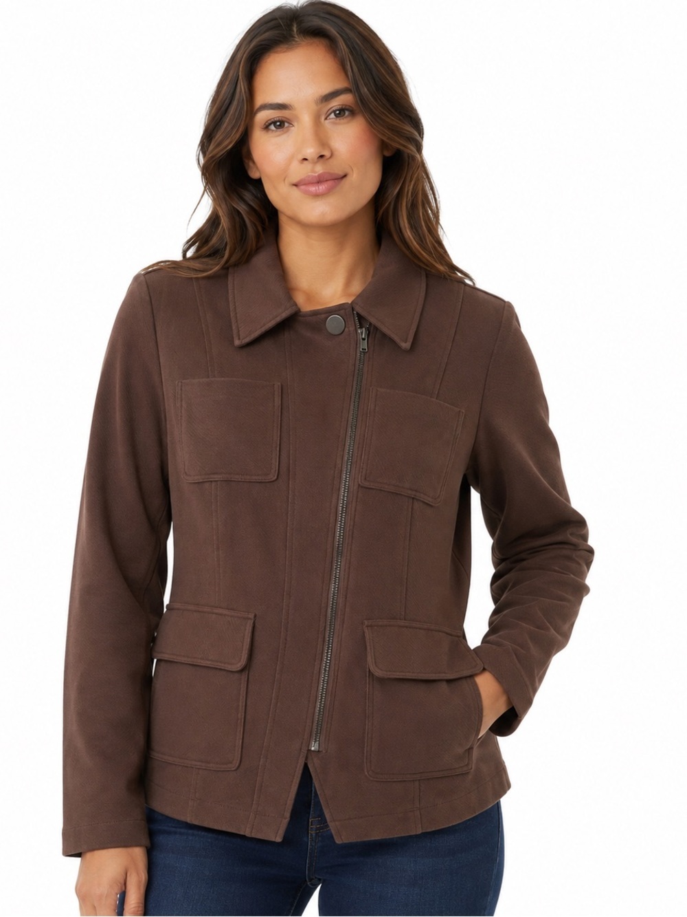 Chocolate Brown Utility Jacket Full Zip Side Zip Neutral Versatile Staple Sz S